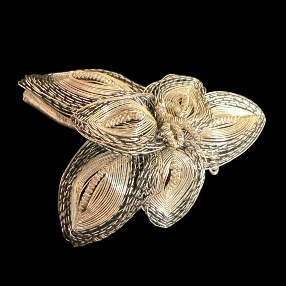 Vintage Silver Filigree Brooch Flower Handmade Wire Art Work Gilded Metal Wire